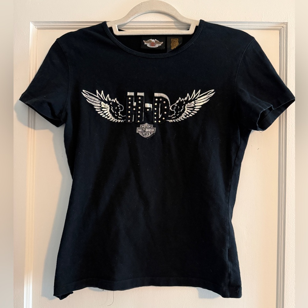 Vintage Harley-Davidson Women's Babydoll Rhinestone Wings Black Tee Size Small